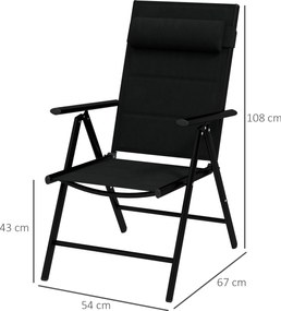 Conjunto de 2 cadeiras dobráveis de jardim com apoio para a cabeça, braços e estrutura em alumínio 54 x 67 x 108 cm, pretas