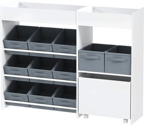 Estante para brinquedos infantis e livros 105 x 30 x 80 cm, com 11 caixas de arrumação em tecido não tecido, branca e cinza