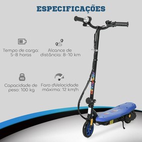 Trotinete Elétrica Dobrável com Velocidade Máx. 12 km/h Motor 120 W Autonomia Máxima 10 km e Farol LED 75x48x93-105 cm Azul