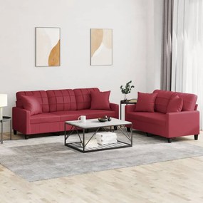 vidaXL 2 pcs conjunto sofás c/ almofadas couro artif. vermelho tinto