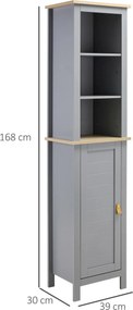 Armário de casa de banho alto móvel de coluna estreita com 1 porta de prateleira ajustável e 3 compartimentos abertos 39x30x168 cm Cinza