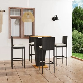 vidaXL 5 pcs conjunto de bar p/ jardim c/ almofadões vime PE preto