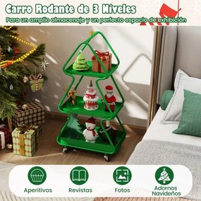 Carrinho de armazenamento em forma de árvore de Natal com 3 níveis, estrela, estrutura metálica e rodas verde