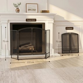Proteção para Lareira Dobrável em Metal com 3 Painéis e Porta Dupla para Casa 122x75 cm Preto