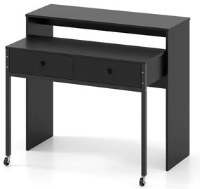 Secretária extensível, mesa pequena para computador com 2 gavetas e rodas 100 x 63 x 88 cm Preta