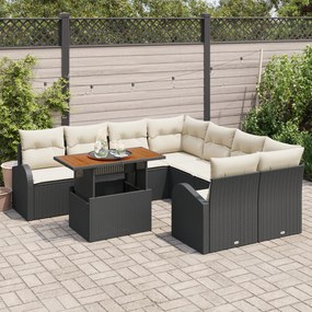 Conjunto de Sofás de Jardim de 9 Peças com Almofadas de Rattan Preto,
