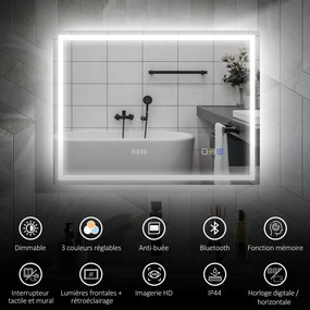 Espelho de casa de banho com LED e Bluetooth, 60 x 80 cm, interruptor tátil, iluminação regulável, 3 cores, antiembaciamento, memória, prateado