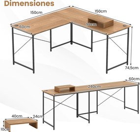 Secretária em L de 150 x 150 x 75 cm, reversível, com suporte para monitor amovível e sistema de organização de cabos, para escritório em casa, na cor