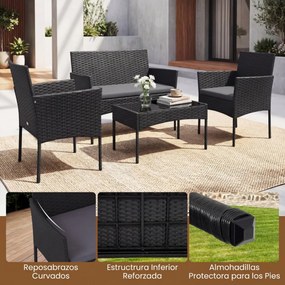 Conjunto de jardim em rattan de 4 peças, com 2 poltronas, sofá de 2 lugares, mesa auxiliar e almofadas de espuma, para alpendre, pátio ou terraço, Pre