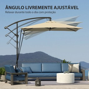 Chapéu de Sol Excêntrico 247x247 cm com Base Cruzada Capa Ajustável Manivela Capa Protectora e Corda de Vento Caqui