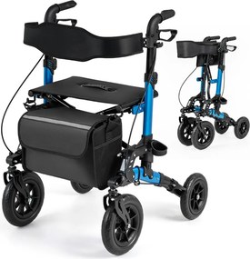 Andador dobrável com rodas para idosos, com assento, encosto, malha, suspensão por molas, suporte para bengala e bolsa, 4 rodas, preto + azul