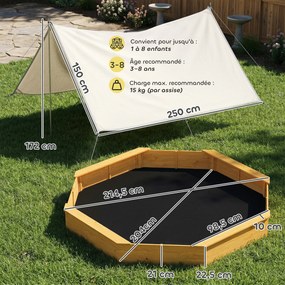 Caixa de areia crianças em madeira com toldo 214,5 x 214,5 x 22,5 cm, caixa de areia infantil para exterior com 4 bancos, forro no fundo, amarela