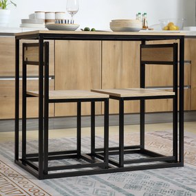 Conjunto de mesa e cadeiras de sala de jantar - Conjunto de 1 mesa + 2 cadeiras encaixáveis para cozinha - metal preto com acabamento em carvalho clar