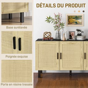 Aparador de arrumação 136 x 41 x 70 cm com portas com efeito de vime, prateleiras ajustáveis, 136 x 41 x 70 cm, preto e madeira natural