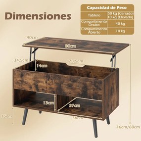 Mesa de centro 80 x 40 x 44,5 cm elevável em madeira com compartimento oculto e 2 prateleiras abertas café