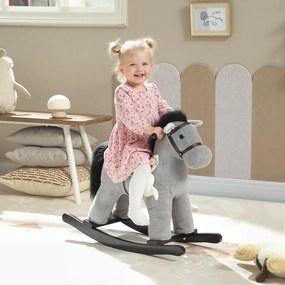 Cavalo de baloiço para crianças, brinquedo de baloiço para bebés em peluche com efeitos sonoros e boneca, 71 x 26 x 55 cm, cinzento