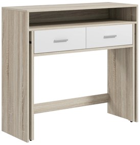 Mesa Consola de Entrada de 2 Níveis com Trilhos Deslizantes 2 Gavetas 2 Rodas Móvel de Entrada 95x35x87 cm Madeira e Branco