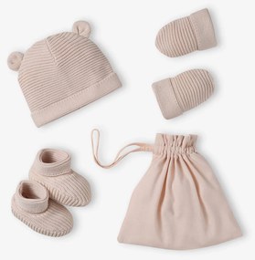Conjunto gorro, luvas/mitenes e sapatinhos em algodão bio e bolsa personalizável  rosa