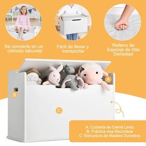 Arca de brinquedos com tampa Tampa elevável Caixa de brinquedos com banco Utilização dupla como banco grande de madeira Branco