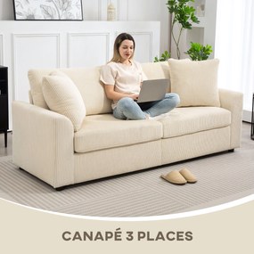 Sofá de 3 lugares com 212 cm, com 2 almofadas de molas, tecido de veludo canelado, creme