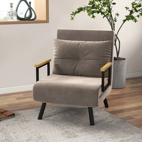 Poltrona convertível 4 em 1, cama individual, encosto com 5 posições, braços em madeira com almofada, tecido com efeito de veludo, castanho