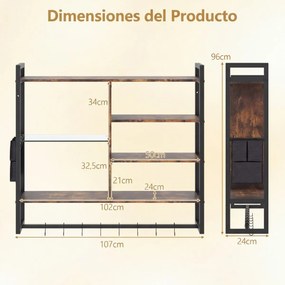 Prateleira suspensa 107 x 24 x 96 cm com luzes LED, controlo remoto via app, 6 níveis, 8 ganchos em S e bolso lateral para cozinha, bar ou casa – Cast