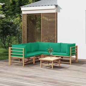 6 pcs conjunto lounge de jardim bambu c/ almofadões verdes