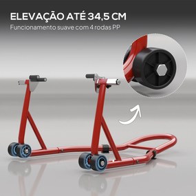 Suporte de Moto Dianteiro Universal de Aço para Roda de 10" 17" 18" Carga 200 kg com Garfos em U e L Ajustáveis 70x47x34,5 cm Vermelho