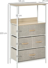 Cómoda com 4 Gavetas Dobráveis e Prateleira Aberta Cómoda com Gavetas de Tecido Anti-Tombo 58x29x103cm Madeira e Cinza Claro