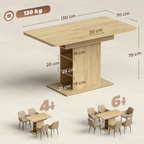 Mesa de jantar retangular extensível para 4 a 6 pessoas 110-130 cm, (BANCOS E CADEIRAS NÃO INCLUIDAS) com 6 prateleiras abertas, efeito madeira natura
