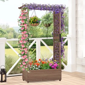 Floreira jardim elevada de madeira com treliça em arco Furo de drenagem 110 x 44 x 182 cm Castanho