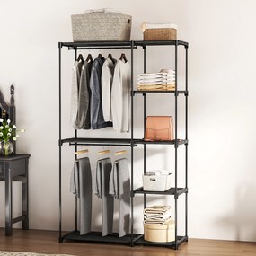 Guarda roupa aberto portátil com 2 varões para pendurar roupa e 6 prateleiras, 111 x 43 x 185 cm, preto