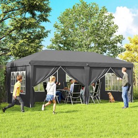 Tenda de jardim 3x6 m tipo Barnum dobrável com laterais removíveis, estrutura de aço reforçada e saco de transporte, cinzento escuro