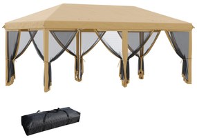 Outsunny Tenda para Festas 6x3 m Tenda de Jardim com 6 Mosquiteiros Bolsa de Transporte e Estrutura de Aço para Campismo Festas Bege