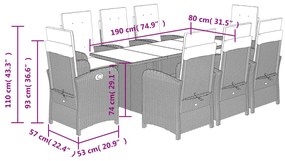 9 pcs conjunto de jantar p/ jardim c/ almofadões vime PE cinza