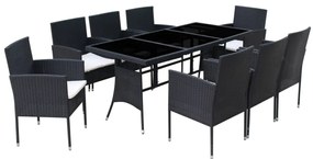 9 pcs conjunto jantar exterior com almofadões vime PE preto