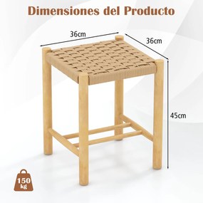 Conjunto de 2 bancos de bar/jantar, estrutura de madeira de borracha, assento de papel tecido sem encosto para cozinha 36 x 36 x 45 cm Natural