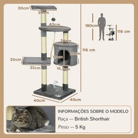 Arranhador para Gatos com 4 Níveis com Poste para Afiar as Garras Caverna Plataformas e Brinquedos 40x40x116 cm Cinzento Escuro
