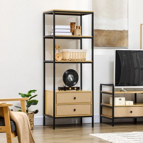 Estante de 4 Níveis com 2 Gavetas de Tecido não Tecido e Estrutura de Aço 60x40x163 cm Madeira e Preto