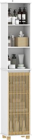 Armário de casa de banho, móvel de arrumação para casa de banho com porta de ripas de bambu e compartimentos abertos 35 x 26 x 173 cm branco