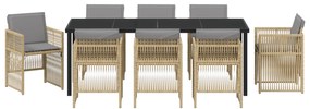Conjunto de Jantar de 9 Peças vidaXL com Almofadas Bege em Rattan Poli