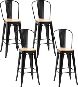 Conjunto de 4 bancos de bar com encosto e apoio para os pés, altura do assento 76 cm, metal preto, em imitação de madeira clara