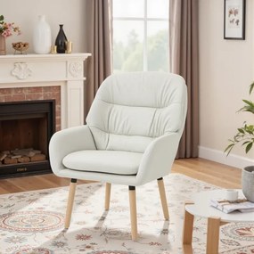 Poltrona de Sala de Estar Moderna Acolchoada de Dupla Camada Estofada em Couro Sintético Pés de Madeira 68x74x89 cm Creme