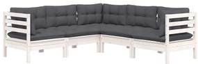5 pcs conj. lounge de jardim c/ almofadões pinho maciço branco