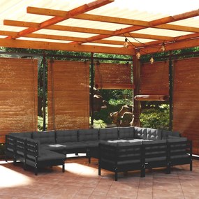 14 pcs conjunto lounge de jardim c/ almofadões pinho preto