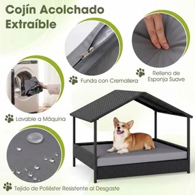 Cama de rattan para cães com toldo de rattan, para jardim 98 x 69 x 74 cm, Suporta 60 kg Almofada removível para interior e exterior cinza e preto