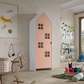Guarda roupa infantil da coleção CASAMI é inteiramente lacado a branco e porta rosa