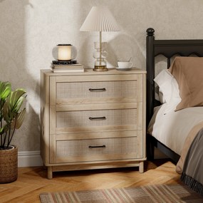 Cómoda de 3 Gavetas, 76 x 35 x 76 cm, Frentes em Rotim Natural, Carvalho