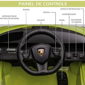 Carro Elétrico Lamborghini SIAN 12V para Crianças acima de 3 Anos com Controle Remoto Abertura da Porta Música MP3 USB e Faróis 108x62x40cm Verde