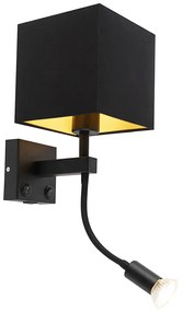 Candeeiro de parede moderno preto com USB e abajur quadrado preto - Zeno Moderno